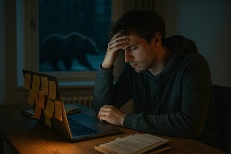 Een man die in de avond aan het werk is en hoofdpijn heeft van stress. Er is buiten het raam een beer te zien.